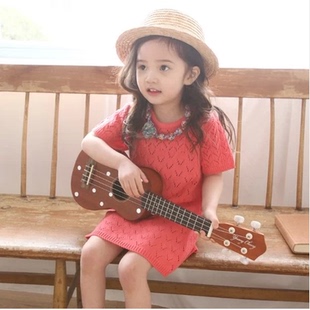 韩版童装2015夏款 纯色镂空 童装女童短袖针织清凉裙子 连衣裙