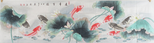六尺对开工笔花鸟画国画《连年有鱼》9鱼图 秦薇字画1516