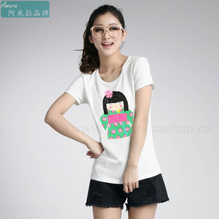 阿米拉2015夏季新爆款修身莫代尔纯棉新品短袖T恤女 日本和服女孩