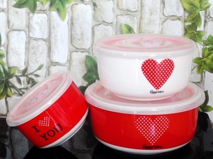 陶瓷 饭碗 三件套保鲜盒 保鲜碗 密封饭盒 微波炉冰箱专用