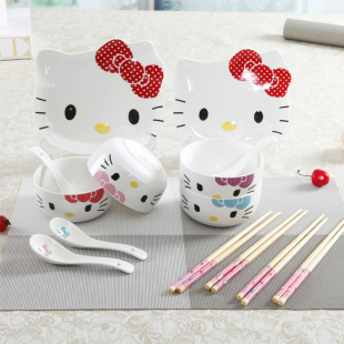 出口kt猫陶瓷可爱卡通Hello Kitty14头餐具骨瓷套装学生餐具碗盘