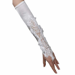 新娘结婚手套婚纱礼服米乳白色手套中长款缎面手套可爱蕾丝手套