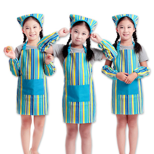 可印LOGO新款韩版帆布儿童围裙小孩围裙儿童画画衣袖套头巾蓝条纹