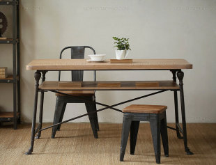 LOFT美式乡村家具 复古铁艺餐桌 做旧书桌 仿古实木办公桌电脑桌