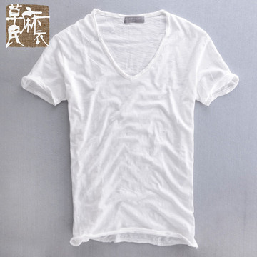 夏季男士白色休闲T恤纯棉修身V领短袖韩版透气超薄款纯色体恤半袖
