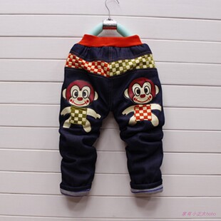 冬款童装 韩版立体包格子猴图案儿童加厚牛仔棉裤 男童牛仔童裤