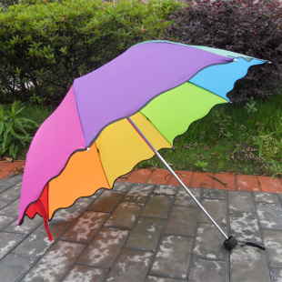 七彩伞♥彩虹韩国公主伞拱形三折叠晴雨伞防晒荷叶边蘑菇阿波罗伞