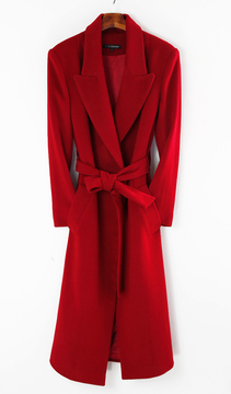JFS原创设计  红色超长款修身 羊毛和羊绒系带大衣
