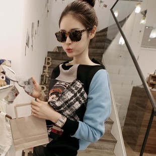 韩国代购partysu新品面对面女孩可爱混搭多色拼接拉链卫衣