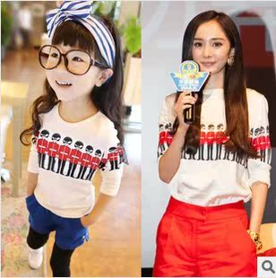 韩国母女装亲子装春秋装2016新款潮明星同款纯棉T恤/短裤两件套装