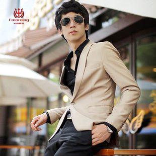 新款时尚潮流韩版一粒扣修身小西装米色男装外套休闲西服上衣单西