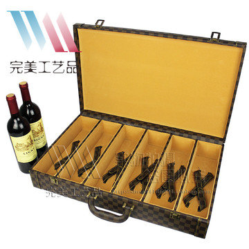 【完美】格子纹单排六支装 红酒皮盒葡萄酒礼盒 红酒盒子 包装盒