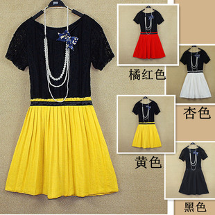 【爆款】2014春夏装新款韩版圆领短袖蕾丝裙拼色时尚修身连衣裙