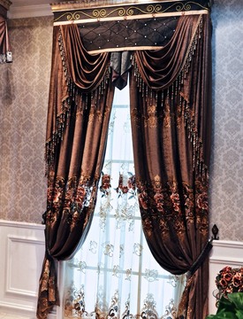 深咖啡色雪尼尔镂空绣花宽幅婚房客厅卧室窗帘窗纱成品定做