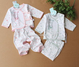 正品纯棉厚双面布新生儿系带内衣两件套婴儿服装宝宝春秋衫