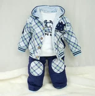 包邮男儿童 婴儿春秋外出服套装 格子宝宝春装韩版三件套0-1-2岁
