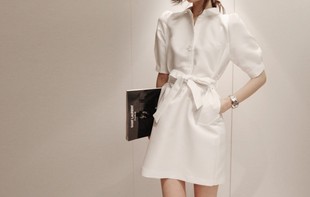 韩国同款代购2015春装新款女装收腰灯笼袖衬衫式气质系带连衣裙子