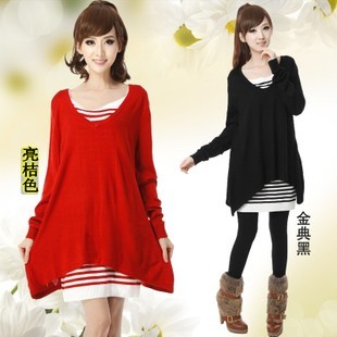 2015秋装女装韩版长袖针织两件套连衣裙女胖mm显瘦条纹背心裙