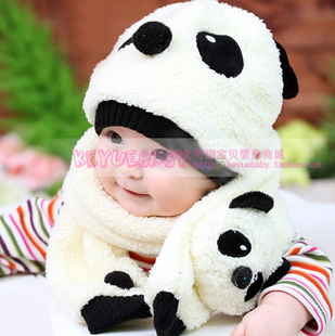2525公主妈妈婴儿帽子儿童男女宝宝熊猫造型帽毛绒帽围巾2件套