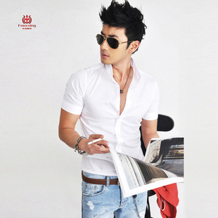 男士夏季韩版修身短袖衬衫职业工装纯色商务休闲免烫半袖衬衣白潮