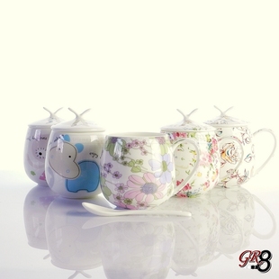 包邮 骨瓷杯马克杯 陶瓷杯子 卡通水杯茶杯 可爱创意咖啡杯 带盖