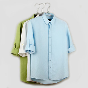 亚麻加厚男装衬衫 韩版修身 蓝色 白色 绿色 吊卷袖 长袖棉麻衬衣