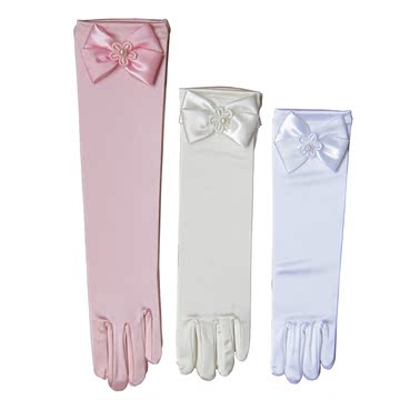 儿童礼服手套 粉色白色米色三色可选 女童长手套婚纱裙手套