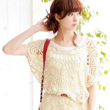 日本代购2014杂志新款 女士夏季针织罩衫 钩花镂空套头甜美针织衫