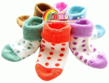 翻口毛圈袜 婴儿袜/短袜/毛巾袜/地板袜 彩色圆点 不勒脚厚袜子