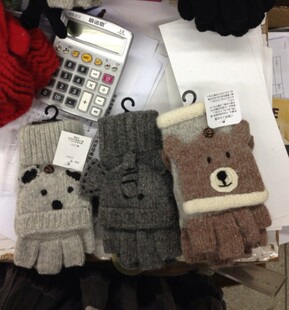 日本可爱卡通动物 冬季羊毛 保暖加厚半指女款 露指半截白井手套