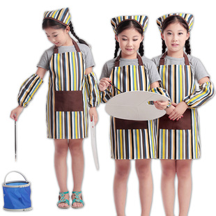 可印LOGO新款韩版咖啡条纹小孩围裙画画围裙儿童画画围裙袖套头巾