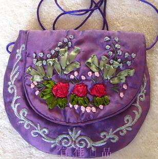 【冲冠】纯手工绣花丝带绣成品小荷包 手机包 化妆包可背深紫色