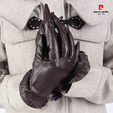 皮尔卡丹女士真皮手套女 冬季保暖加厚羊皮手套 优雅花边触屏手套