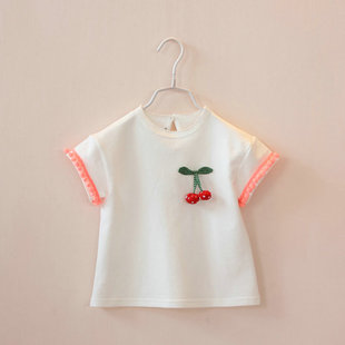 2015新款女童 童装 双色短袖樱桃T恤 全棉毛圈一粒扣套头衫