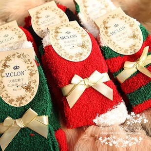 6双包邮 可爱蝴蝶结圣诞袜子情侣袜地板袜毛巾袜圣诞礼物珊瑚绒袜