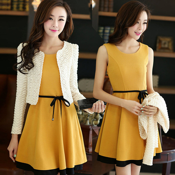 2015韩版新款两件套套装裙 女 秋装中长款修身显瘦长袖A字连衣裙