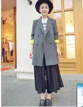 春款新品西装外套女 Maze韩版挺括双排扣后背开叉西装 中长款