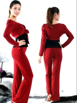 纤伽红色瑜伽服套装有加大码长袖瑜珈服三件套装两用减肥瑜伽服女