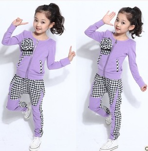 女童套装秋季新款韩版运动装 儿童格子裤休闲中大童套装女孩衣服