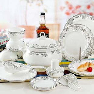 景德镇陶瓷餐具套装56头骨瓷 正品中式碗盘碗碟套装 微波炉碗盘子