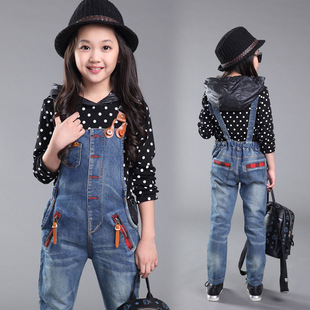 2015秋季新款女童韩版休闲长袖带帽牛仔背带裤套装中大童装两件套