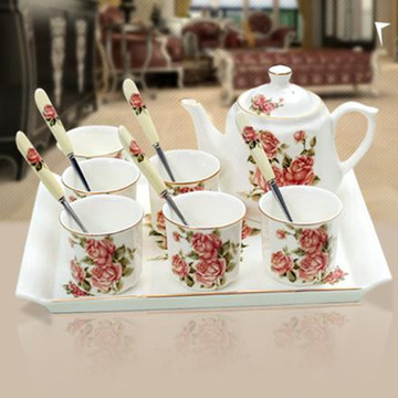 新陶瓷玫瑰八头茶具套装家用送礼高档带托盘结婚礼物特价茶杯包邮