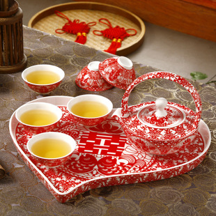 创意结婚礼品新婚礼物礼品敬茶用品心形盘全套茶具套装红色陶瓷