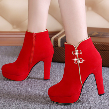 红色结婚短靴秋冬季新娘婚靴粗高跟婚庆红鞋子保暖结婚鞋婚纱鞋