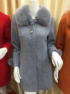 鑫金妮娅2015专柜正品冬装新款时尚修身型毛呢外套毛领中长款女装