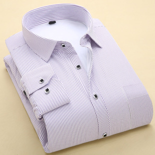 中年男士纯色保暖衬衫条纹白色长袖加绒加厚商务保暖衬衣加大码