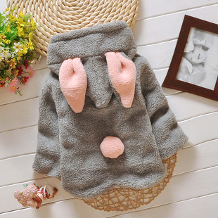 童装0-3岁冬季加厚休闲婴幼儿童装韩版加棉加厚毛毛衣兔耳朵外套