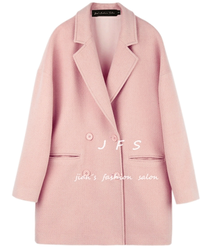 JFS原创定制 中长款 双排扣西装领羊毛外套蓝色 粉色羊绒毛呢大衣