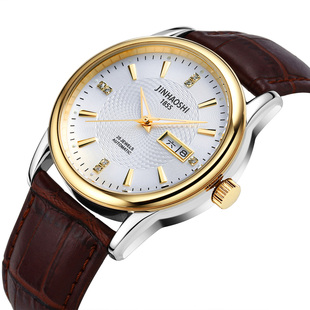 瑞士金豪时正品全自动机械表真皮带腕表双日历防水商务男士手表