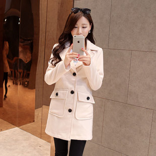 2015秋冬新款女式毛呢外套韩版修身显瘦单排扣中长款妮子大衣服装